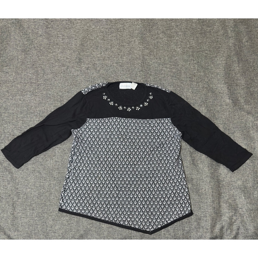 Alfred Dunner Womens XL Top Black White Embellished Asymmetric Geometric